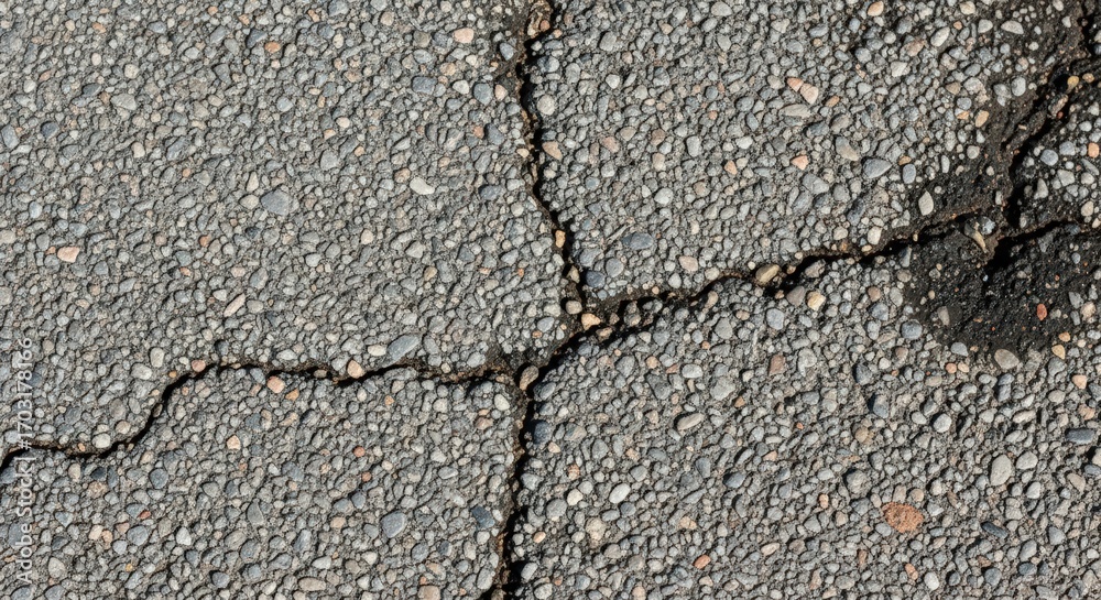 Obraz premium Close-up view of cracked asphalt pavement showing granular texture and signs of wear.