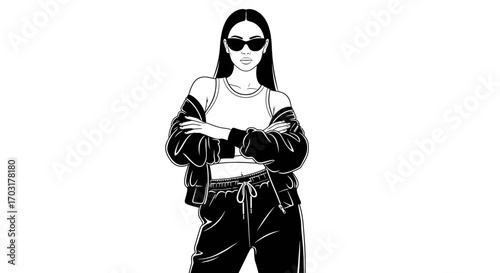 Striking monochromatic illustration of a confident woman with sunglasses