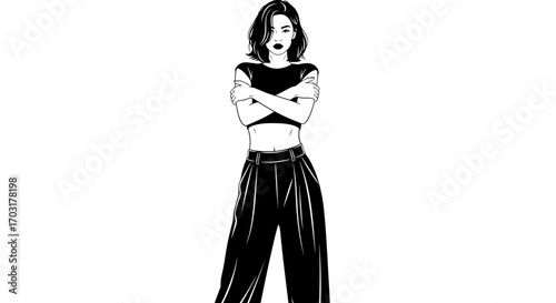 Striking monochrome illustration of a confident woman in trendy attire