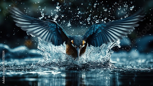 imagine a kingfisher as it dives into the water from the front, its back is to us,  png