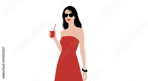 Stylish woman in red dress enjoying a refreshing beverage vector design