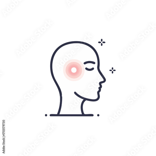 An elegant outline icon illustrates a human head experiencing intense discomfort or a painful migraine, with a glowing red spot indicating the precise area of affliction.