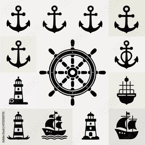 Nautical Icons Set – Anchor, Ship Wheel, Lighthouse & Sailing Boat Silhouette Vector