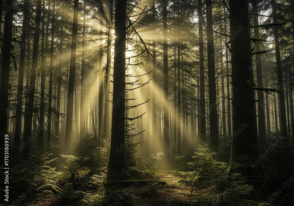 Obraz premium Ethereal Golden Sun Rays Piercing Through Misty Evergreen Forest at Sunrise, Illuminating a Serene Woodland Path