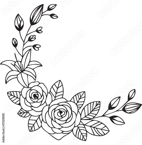 Black and white floral arrangement with roses and lily