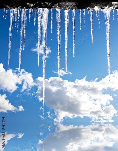Icicles against a blue sky