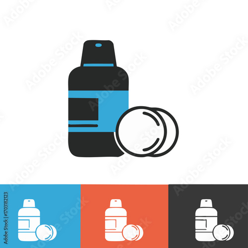 A sleek graphic illustration depicts a bottle of skincare product alongside two soft cotton pads, symbolizing daily beauty routines and personal hygiene.