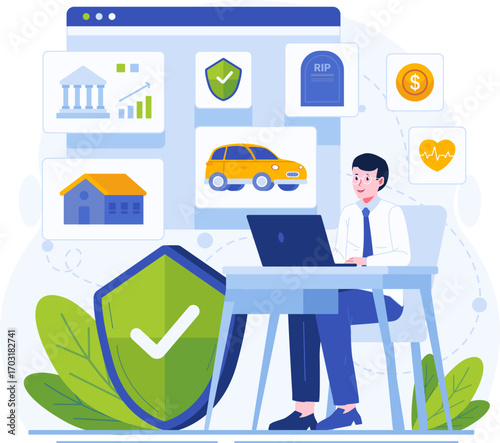 Insurance illustration pack in modern flat style. Includes health, car, home, travel, life, and financial protection concepts. Perfect for websites, apps, presentations, infographics, and corporate pr