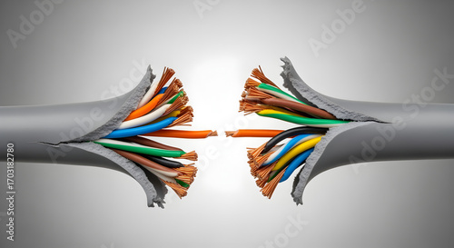 Gray Electrical Cable with Exposed Wiring in a Studio Setting With a White Background