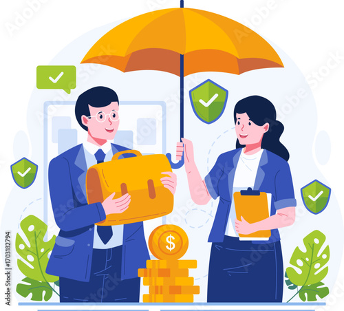 Insurance illustration pack in modern flat style. Includes health, car, home, travel, life, and financial protection concepts. Perfect for websites, apps, presentations, infographics, and corporate pr
