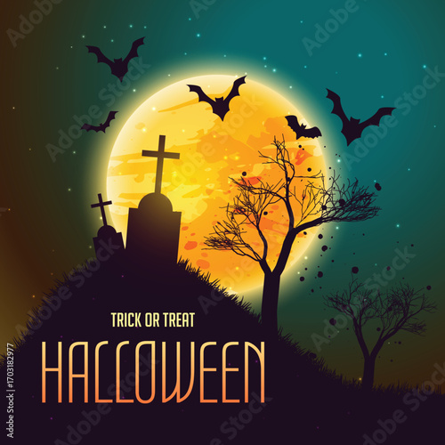 Halloween night with a crescent moon and bats flying around
