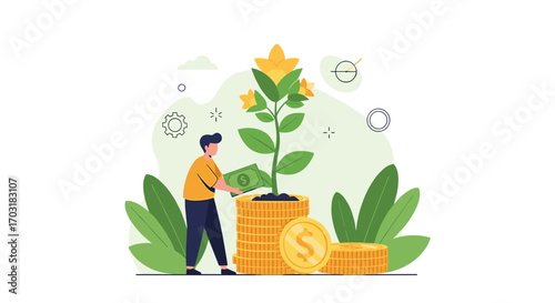 Man watering money plant growing from coins symbolizing financial growth and investment.