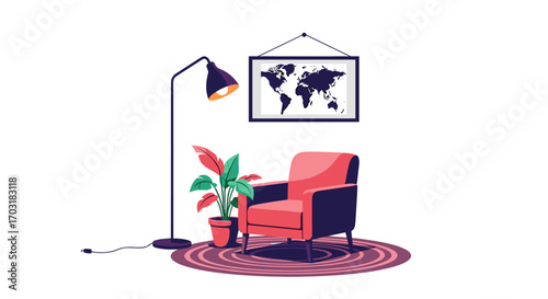 Cozy armchair with a world map and plant.