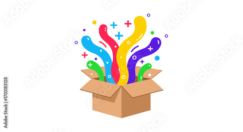 Colorful explosion of creativity bursting out of a cardboard box.