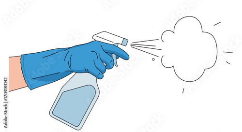 Hand in blue glove spraying cleaning liquid from bottle.