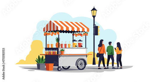 Juice cart on street with people buying drinks.