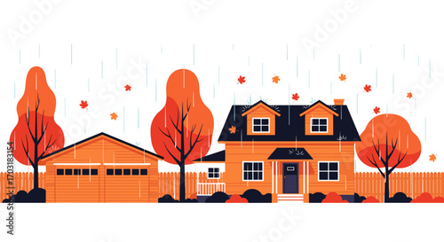 Cozy Autumn House and Garage with Fall Trees.