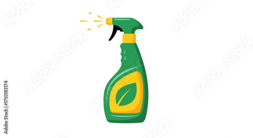 Green spray bottle with yellow accents spraying liquid.