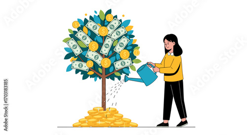 Woman watering money tree growing coins and banknotes symbolizing financial growth.
