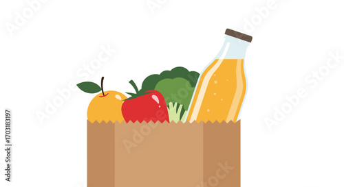 Grocery bag filled with fresh fruits vegetables and juice bottle.