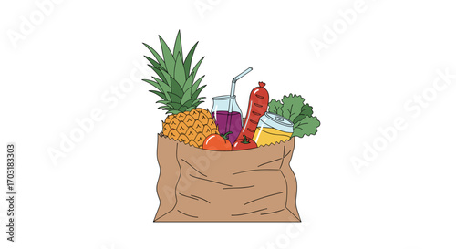 Brown paper bag filled with fresh groceries and fruits.