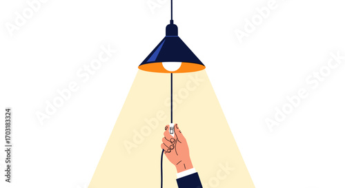 Hand pulling a cord to turn on a light bulb.