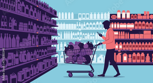 Person Pushing Shopping Cart Through Supermarket Aisles.