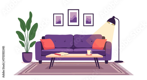 Cozy Living Room Scene with Purple Sofa and Coffee Table.
