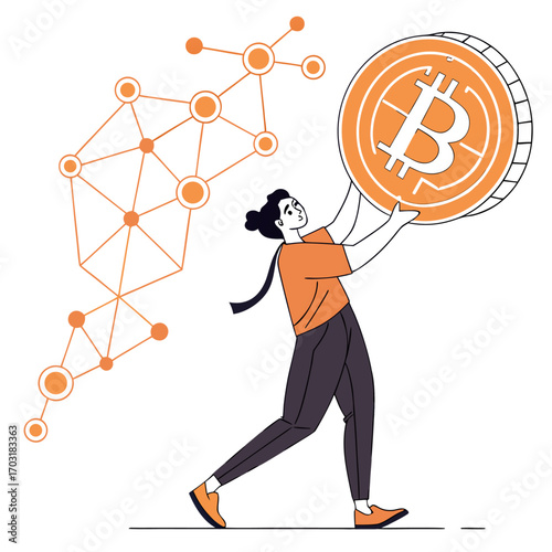 Modern Blockchain Design Depicting A Person Holding Cryptocurrency, Bitcoin Cryptocurrency and Online Trading and Investment Illustration