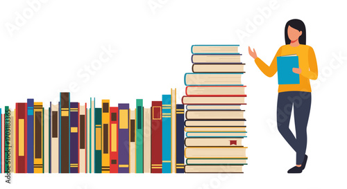 Woman Standing Next to Tall Stack of Books in Library.