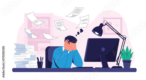 Stressed Businessman Overwhelmed by Work and Paperwork.