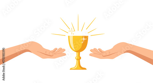 Golden Chalice Held Between Two Open Hands Radiating Light.