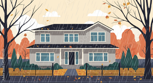 Beautiful Two Story House in Autumn Season with Colorful Trees.