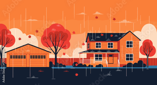 Illustration of a suburban house and garage with trees and rain.