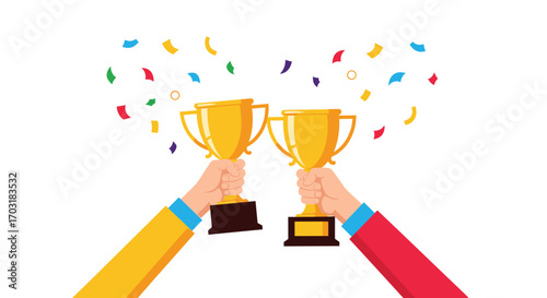 Two Hands Holding Golden Trophies Celebrating Victory with Confetti.