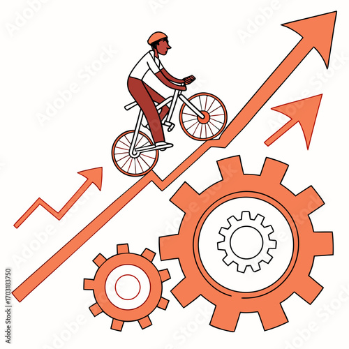 Conceptual illustration of a cyclist riding on a growth chart over gears, Visual metaphor for business performance with gears and upward trending arrow
