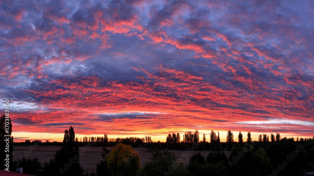 Obraz premium angle. Dramatic sunrise and sunset sky with vibrant clouds, showcasing warm and cool color contrasts in a panoramic view. inspiring travel planning.