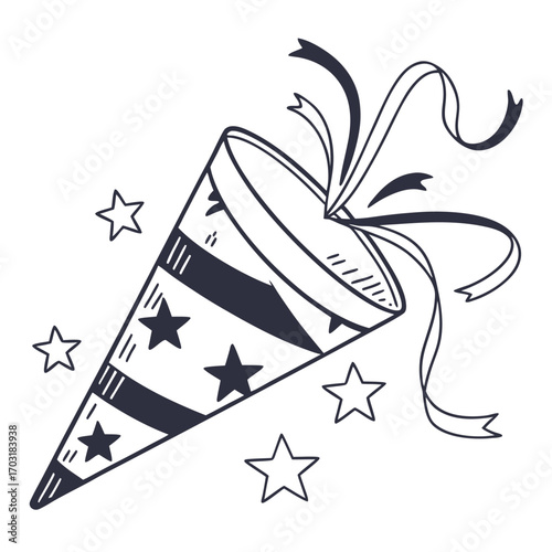 A hand-drawn illustration of a party popper with stars and ribbons.