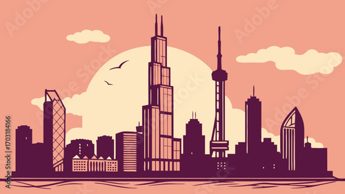 Cityscape silhouette featuring iconic skyscrapers and architectural marvels under a vibrant sunset.