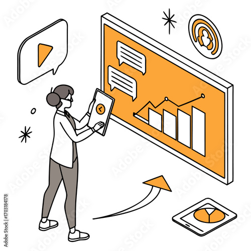 Isometric illustration of business analytics, market growth review on digital devices, A woman analyzing business data on a screen, using digital devices to interpret trends