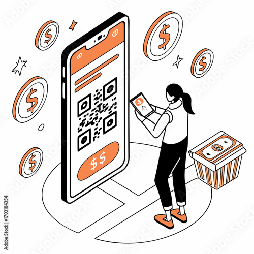 Isometric illustration of a girl scanning a QR code on a smartphone with a tablet, Using smartphone to pay with digital wallet