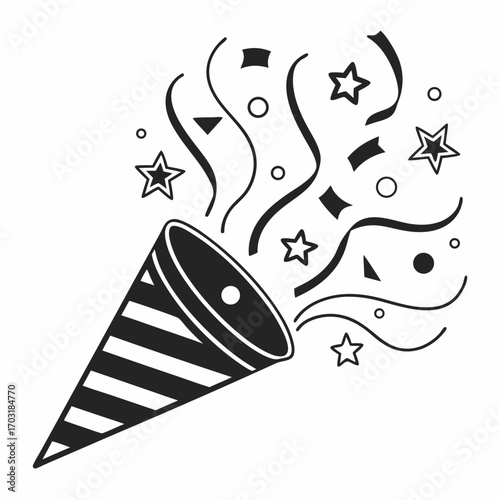 Party popper illustration with confetti and streamers for celebration.
