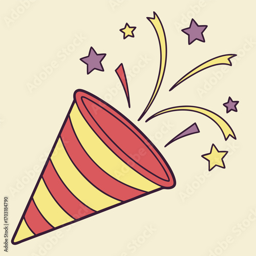 A festive party popper exploding with colorful confetti and stars.
