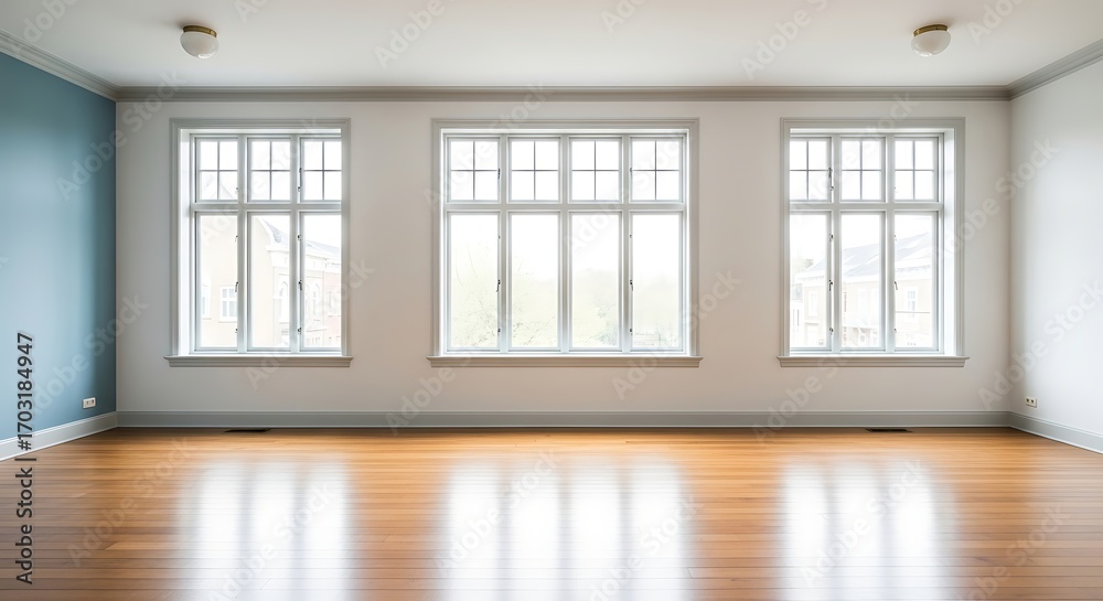 Fototapeta premium An empty room with three large windows and polished wooden floors, featuring a blue accent wall.