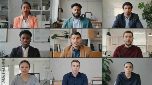 Virtual Team Meeting: A diverse group of business professionals engaged in a virtual conference call, connecting remotely, reflecting on the global interconnectedness of modern work.