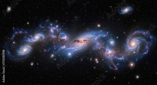 Fototapeta Naklejka Na Ścianę i Meble -  A stunning composite image showcasing the intricate dance of multiple galaxies in the vastness of space, revealing their interacting structures and star formation.