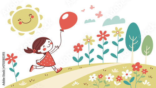 Happy little girl running with a red balloon.