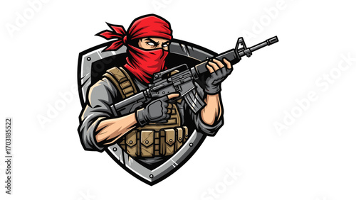 Tactical Soldier with Automatic Rifle and Red Bandana Mascot Logo Illustration for Esports