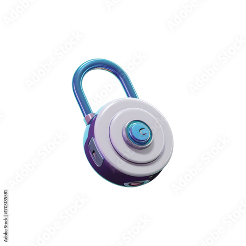 A detailed 3D rendering of a modern, round padlock with a blue handle and keyhole.