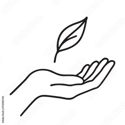 Simple line drawing silhouette of a hand gently holding a floating leaf isolated on white background